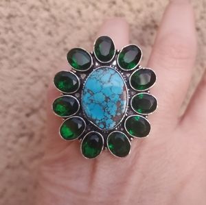 New Tibetan Turquoise and Chrome Diopside 925 Silver Statement Ring.